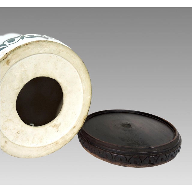 Vintage Chinese White Porcelain Garden (Drum) Stool With Green Bamboo, Pink & Blue Flowers, Side Table on Custom Rosewood Wood Display Stand For Sale - Image 11 of 11