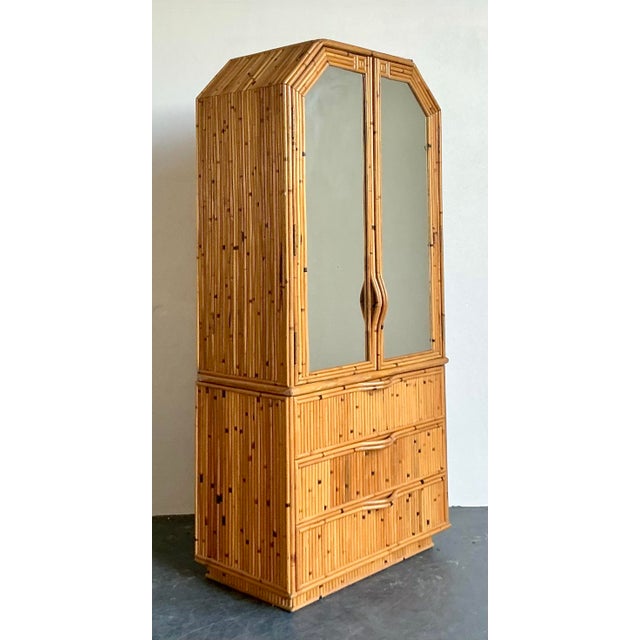 Vintage Boho Faceted Bamboo Mirrored Armoire For Sale - Image 10 of 12