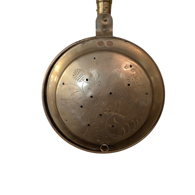 Brass Bed Warmer With Wooden Handle and Etched Bird Motif For Sale In Philadelphia - Image 6 of 8
