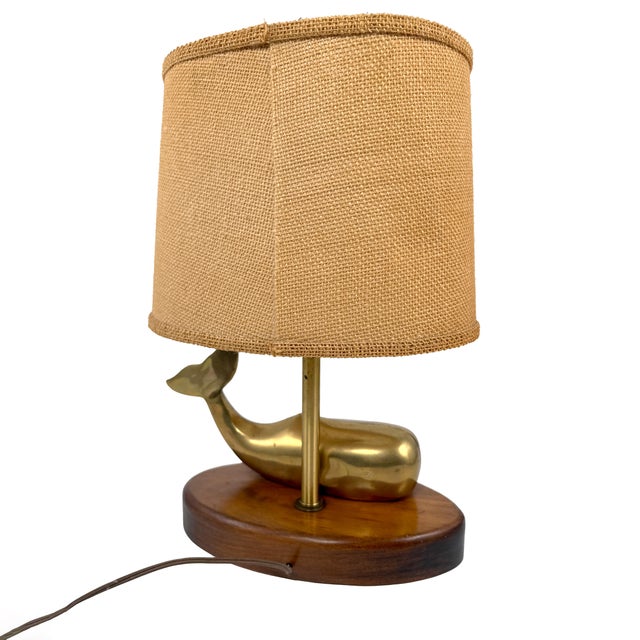 Vintage 1970s Brass Whale Table Lamp W/ Walnut Wood Base & Grasscloth Shade For Sale - Image 9 of 18
