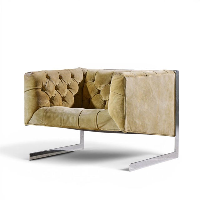 Milo Baughman for Thayer Coggin Mid Century Cantilever Steel Tufted Lounge Chairs - Pair For Sale In Chicago - Image 6 of 12