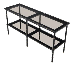 Black Lacquer Faux Bamboo Gold Accents Smoked Glass Console Sofa Table