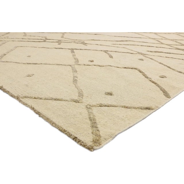 Contemporary Moroccan Area Rug with Organic Modern Style, Flatweave Kilim Souf Rug 10'02 x 13'08. Warm hygge vibes meet...