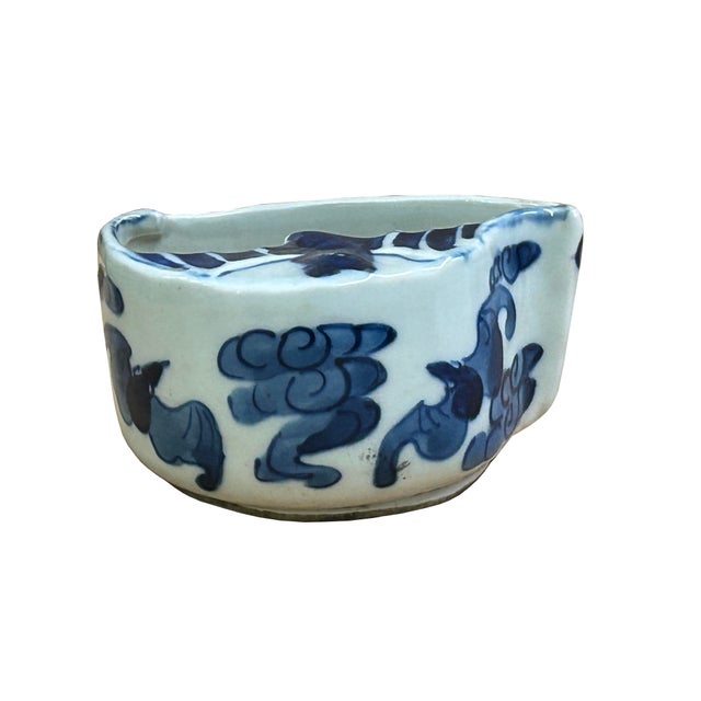Asian Tiny Small Blue White Oriental Bats Graphic Porcelain Container For Sale - Image 3 of 10