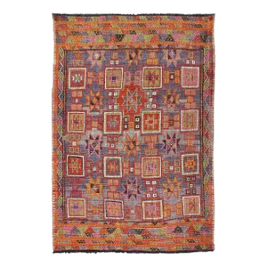 Mid 20th Century Mid 20th Century Vintage Embroidered Flat Weave Kilim Rug With Geometrics and Squared Design