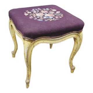 Antique French Provincial Embroidered Needlepoint Vanity Bench Foot Stool 18" For Sale