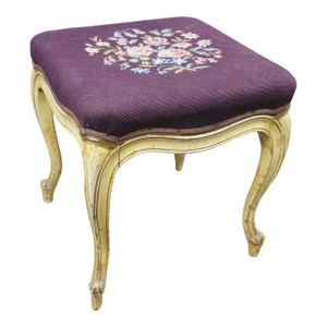 Antique French Provincial Embroidered Needlepoint Vanity Bench Foot Stool 18"