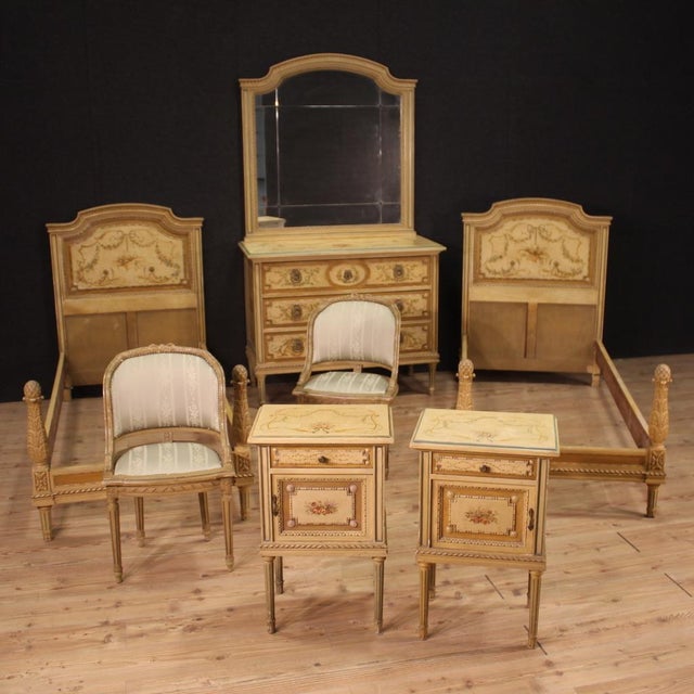 Italian chest of drawers with mirror from the mid-20th century. Commode in lacquered and hand-painted wood in Louis XVI...