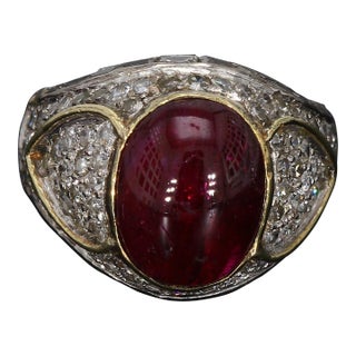 Mid 20th Century 14k Yellow Gold Cocktail Ring With a 9.0ct Ruby and Diamond Accents, Size 5.25 For Sale