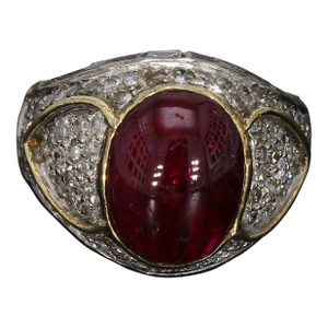 Mid 20th Century 14k Yellow Gold Cocktail Ring With a 9.0ct Ruby and Diamond Accents, Size 5.25