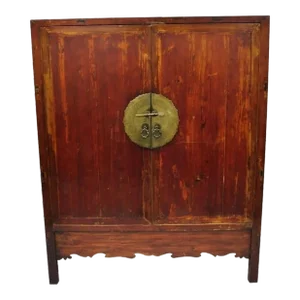 Antique Asian Red Lacquer Oriental Chinese Marriage Wedding Cabinet Wardrobe