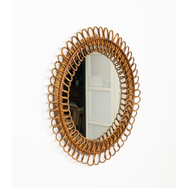 1960s Mid-Century Round Rattan and Bamboo Wall Mirror in the style of Franco Albini, Italy, 1960s For Sale - Image 5 of 11