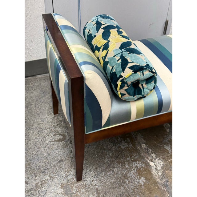 Design Plus Gallery presents a Bespoke Coastal Stripe Bench. This piece pairs a polished wood frame with striped...