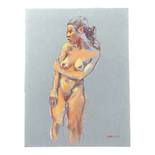 Impressionistic Pastel Drawing on Blue Paper of Nude Woman by Harold Grote For Sale
