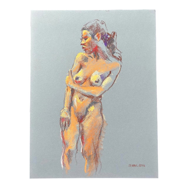 Impressionistic Pastel Drawing on Blue Paper of Nude Woman by Harold Grote For Sale