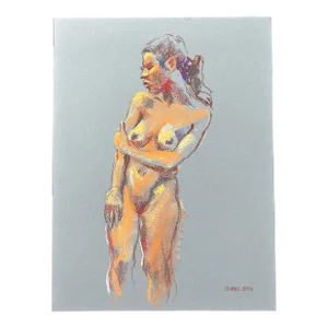 Impressionistic Pastel Drawing on Blue Paper of Nude Woman by Harold Grote