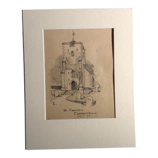 Antique 1920s Walter Church Drawing in 11x14 Mat - St. Martin's, Canterbury For Sale