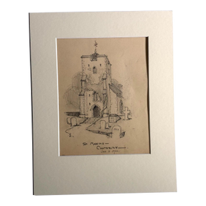 Antique 1920s Walter Church Drawing in 11x14 Mat - St. Martin's, Canterbury