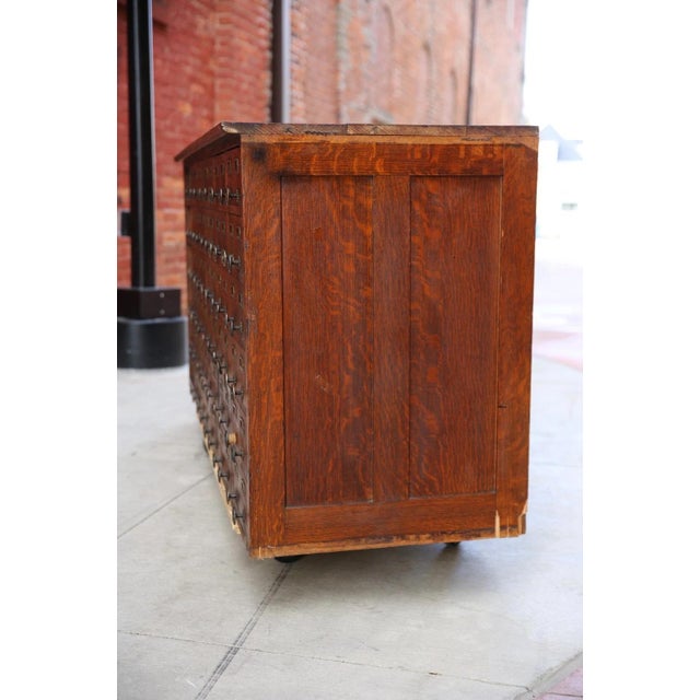 Wood Antique Oak Store Counter Apothecary Card Catalog Kitchen Island (30 Drawers) For Sale - Image 7 of 14