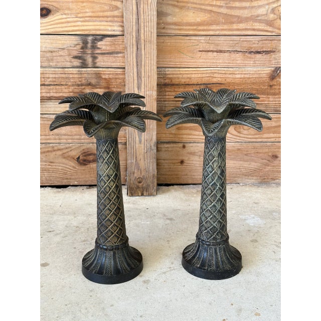 Coastal Metal Palm Tree Candle Holders-Pair For Sale - Image 10 of 11