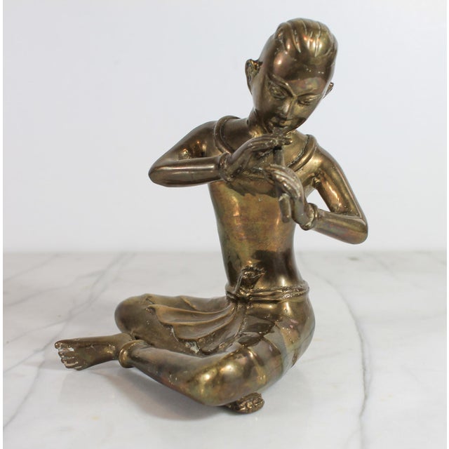 Boho Chic Vintage Solid Brass Thai Musician Snake Charmer Figurine For Sale - Image 3 of 10