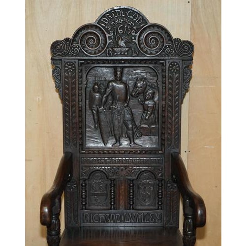 Antique Hand-Carved Richard the Lionheart Throne Armchair, 1615 For Sale - Image 4 of 18