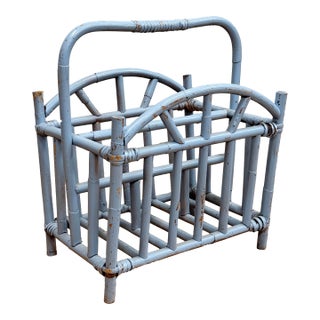 Vintage Periwinkle Blue Rattan Magazine Rack For Sale