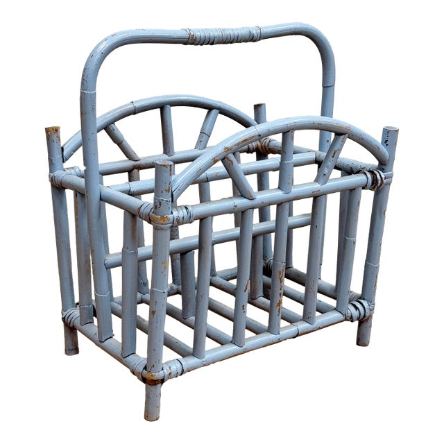Vintage Periwinkle Blue Rattan Magazine Rack For Sale
