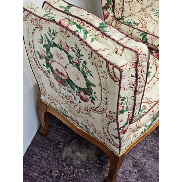 Victorian Vintage Tiny Walnut and Chintz Slipper Chairs With Attached Down Cushions - A Pair For Sale - Image 3 of 5