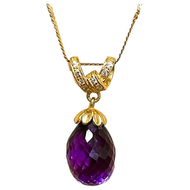 Checkerboard Amethyst Drop & Diamond Pendent/Necklace 14 Karat Yellow Gold Chain For Sale - Image 17 of 18