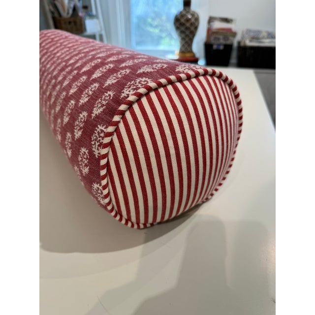 American New Custom Performance Peter Dunham Round Bolster Pillow With Ticking Stripe Detail on Ends For Sale - Image 3 of 9