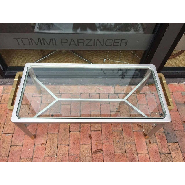 1970s Exceptional Jansen Brushed Steel and Brass Cocktail Table (signed) For Sale - Image 5 of 7