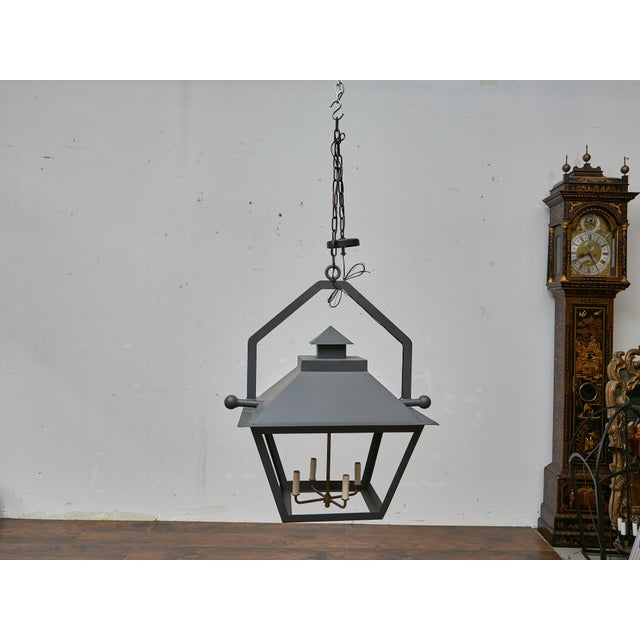 Early 21st Century Pair of Large Iron Lanterns with Four Lights and Architectural Design For Sale - Image 5 of 12
