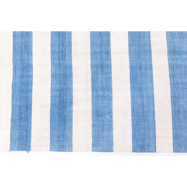 Doris Leslie Blau Dhurrie Vintage Striped White And Blue Flatweave Cotton Rug For Sale In New York - Image 6 of 8