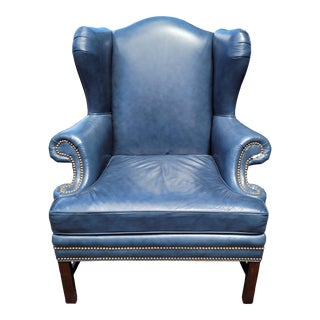 1980s Large Periwinkle Blue Leather Wing Chair For Sale