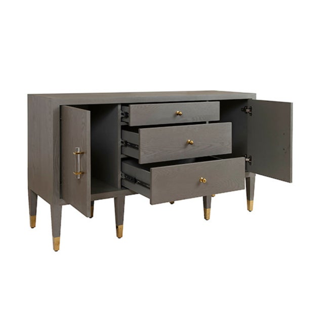 Contemporary Matthew Izzo Home Amherst Smoke Grey Oak Three Drawer, Two Door Buffet With Brass Hardware For Sale - Image 3 of 5