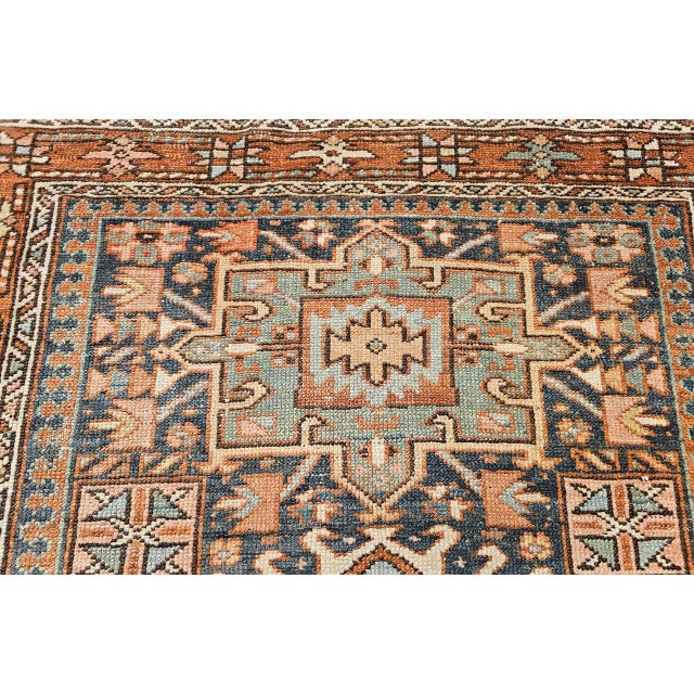 19th Century Persian Heriz Karajeh Rug, Hand-Knotted Wool, Geometric Pattern, Blue & Green, 4x5 For Sale - Image 9 of 16