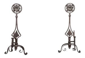 Antique Hand Forged Wrought Iron Andirons - a Pair