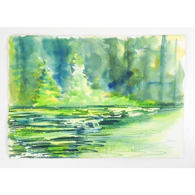 Small vintage watercolor on paper modernist sunlit landscape painting and on the other side is a green forest and river...
