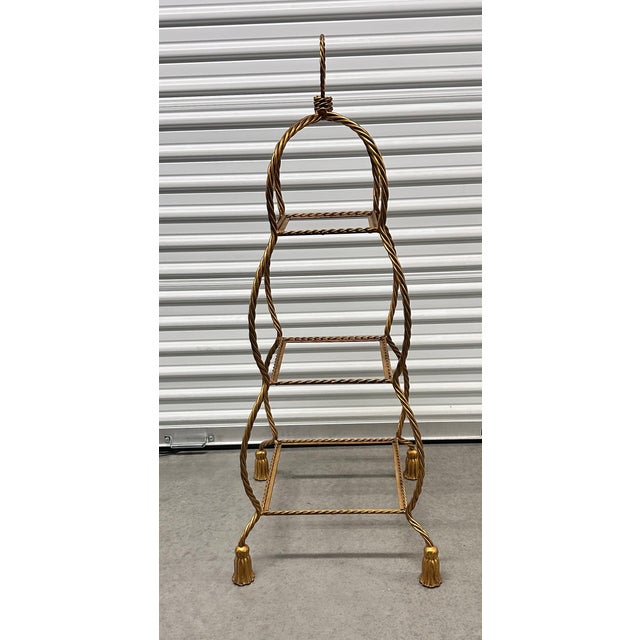 Mid-Century Modern 1960s Italian Hollywood Regency Gold Gilt 47" Iron Rope Tassel 3-Tier Etagere Stand For Sale - Image 3 of 8