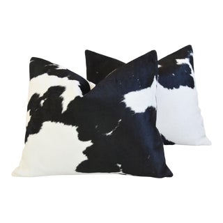 Brazilian Black & White Cowhide Hair-On-Hide & Linen Feather/Down Pillows 25" X 21" - Pair For Sale