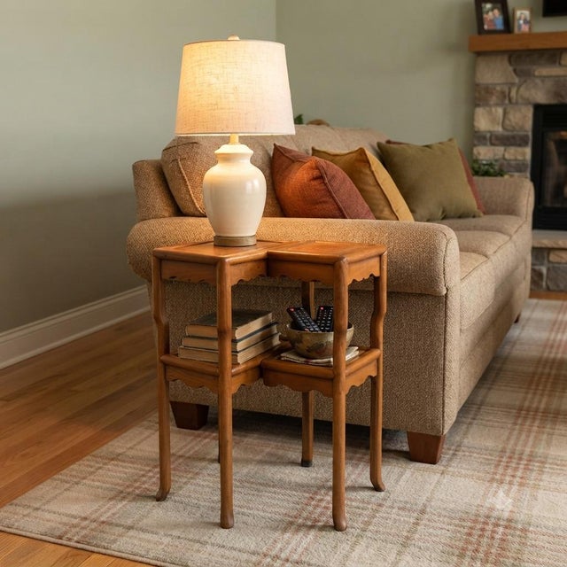 1990s Oriental Two Tier Double Rhombus Light Brown Side Table Stand For Sale - Image 5 of 10