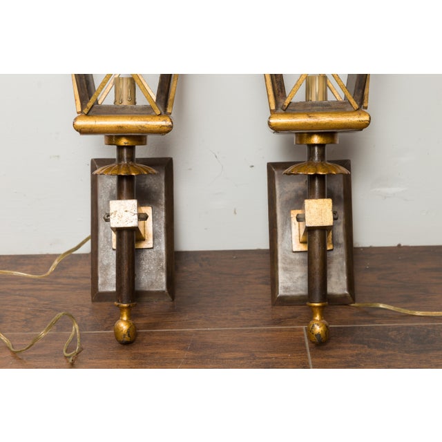 Metal Mid 20th Century French Mid Century Modern Gilt Iron Wall Mounted Lanterns with Single Lights - a Pair For Sale - Image 7 of 9