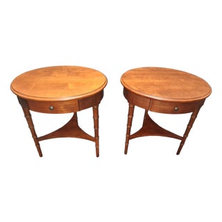 Vintage Traditional Round Carved Faux Bamboo Side / End Tables by Lane. A - Pair For Sale