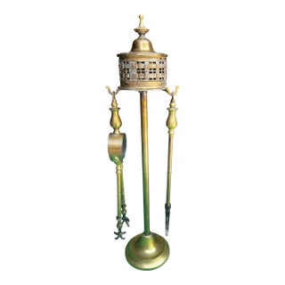 Vintage Brass Fireplace Tools and Holder For Sale
