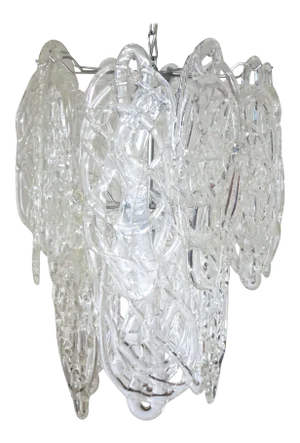 Original Vintage Italian Chandelier W/ Clear Murano Glass Blown in Intricate Cobweb-Like Pattern. Designed by Vistosi Circa 1960’s