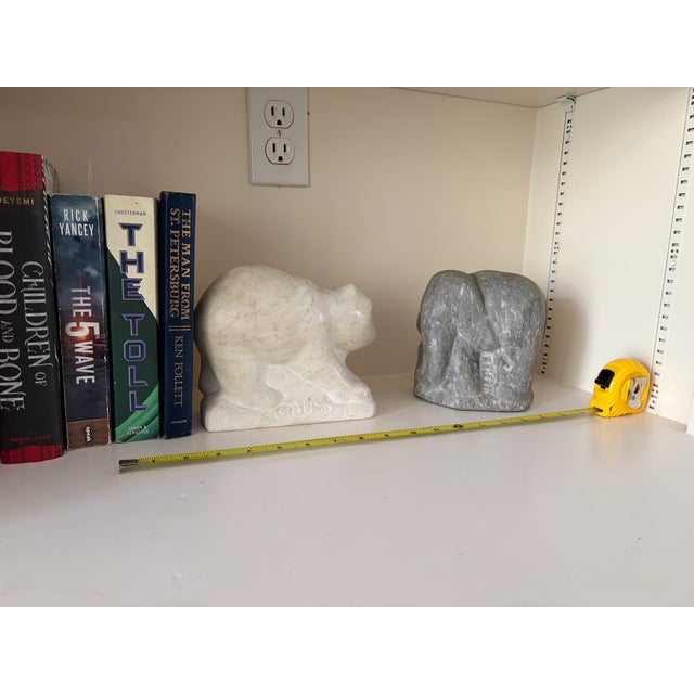 White Pair of Signed Eugene Gauss Marble Animal Sculptures, Polar Bear (1973) & Elephant (1975) For Sale - Image 8 of 10