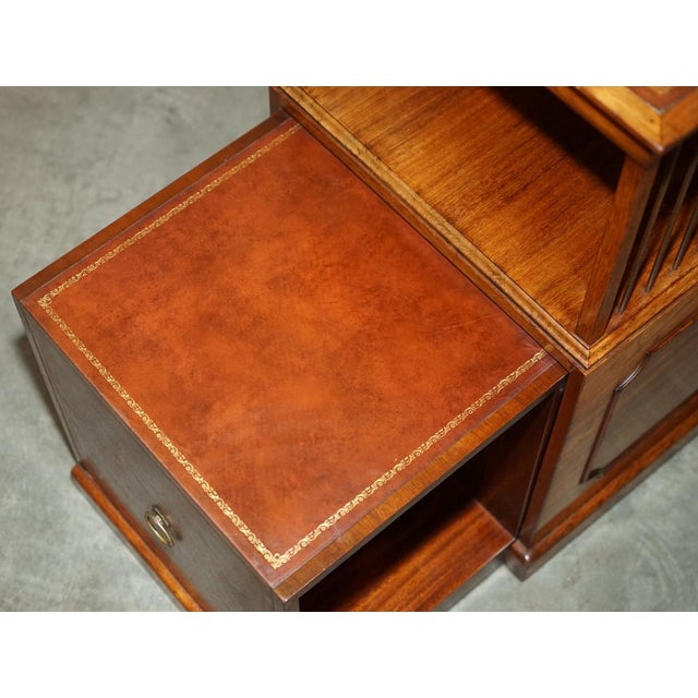 Flamed Hardwood & Brown Leather Sliding Book Tables, Set of 2 For Sale - Image 13 of 18