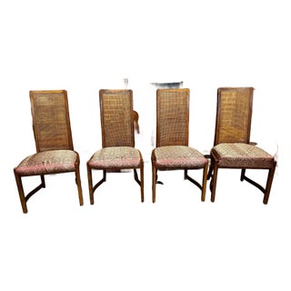1970's Burlington Furniture Oak & Cane High-Back Dining Chairs, Set of 4 For Sale