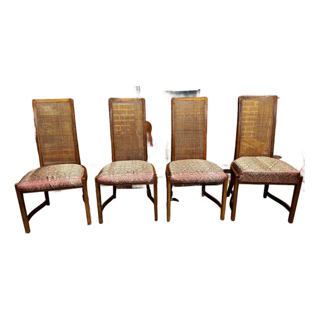 1970's Burlington Furniture Oak & Cane High-Back Dining Chairs, Set of 4 For Sale